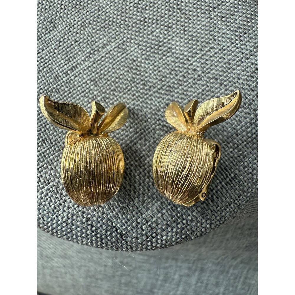 Vintage Sarah Coventry Brushed Gold Tone Apple Clip Earrings Adam's Delight